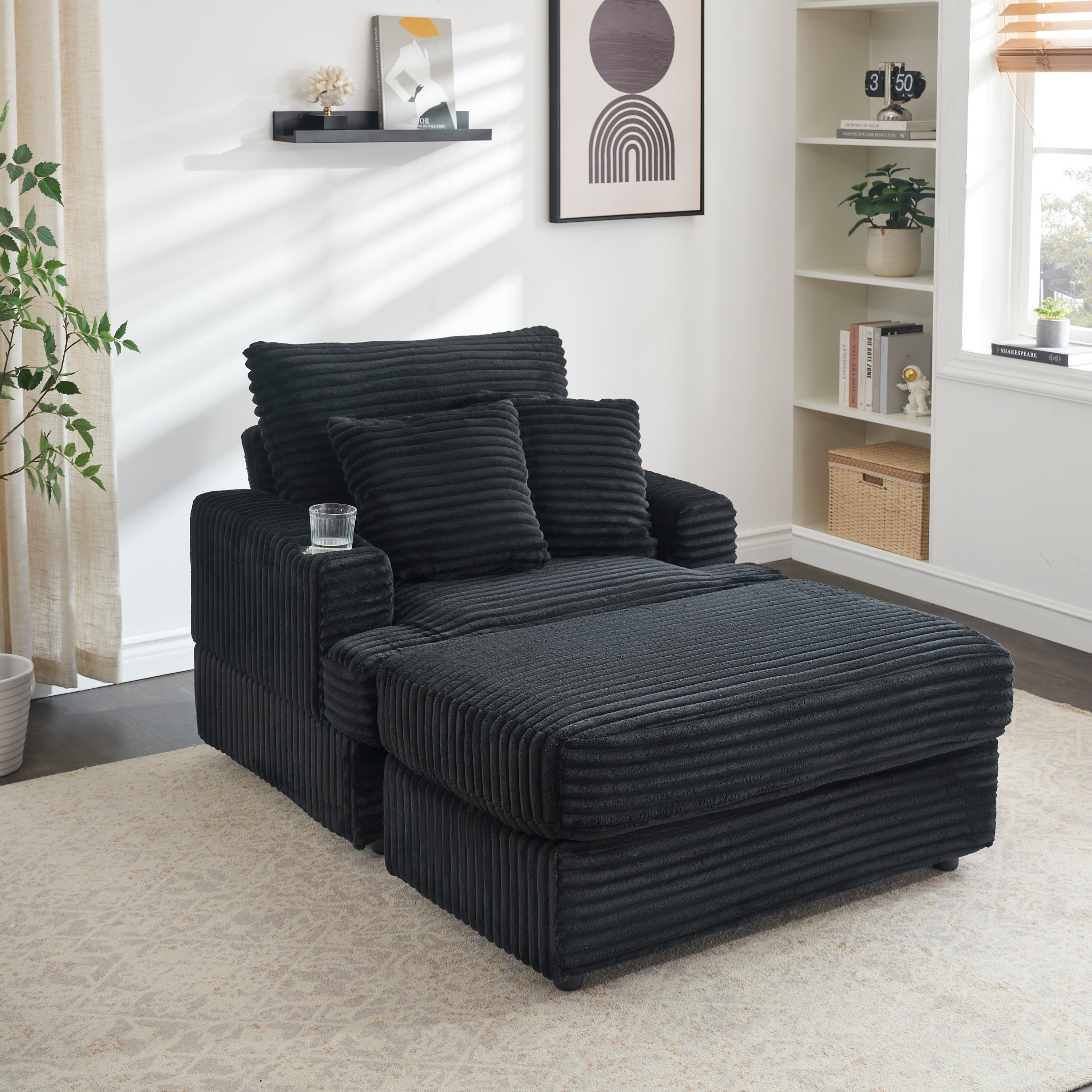 39-inch Spring upholstered armchair and Ottoman set - comfortable single sofa with cup holder and corduroy fabric, perfect for living room or bedroom - Grand Goldman Shop