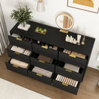 Black 9 Drawer Dresser, 63' Large Deep Chest of Drawers, Wooden Dresser Storage Cabinet with 9 Drawers for Bedroom, Long Dressers for Living Room, Hallway, Drawer panel with wavy patterns - Grand Goldman Shop