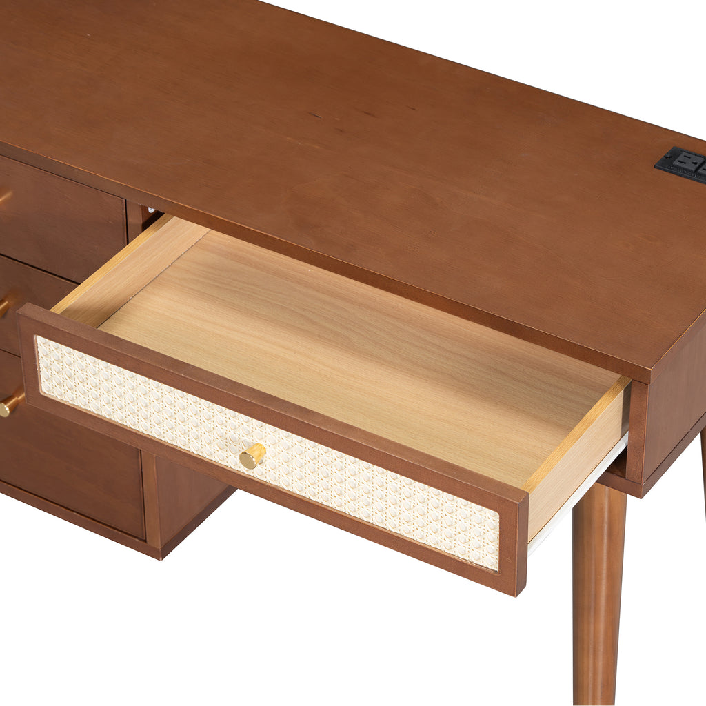 39' Retro Bohemian Style Wooden Makeup Vanity Set with Charging Plug&USB Port and Stool, Dressing Table with 3 Storage Drawers and 1 Rectangular Rattan Drawer, Walnut - Grand Goldman Shop