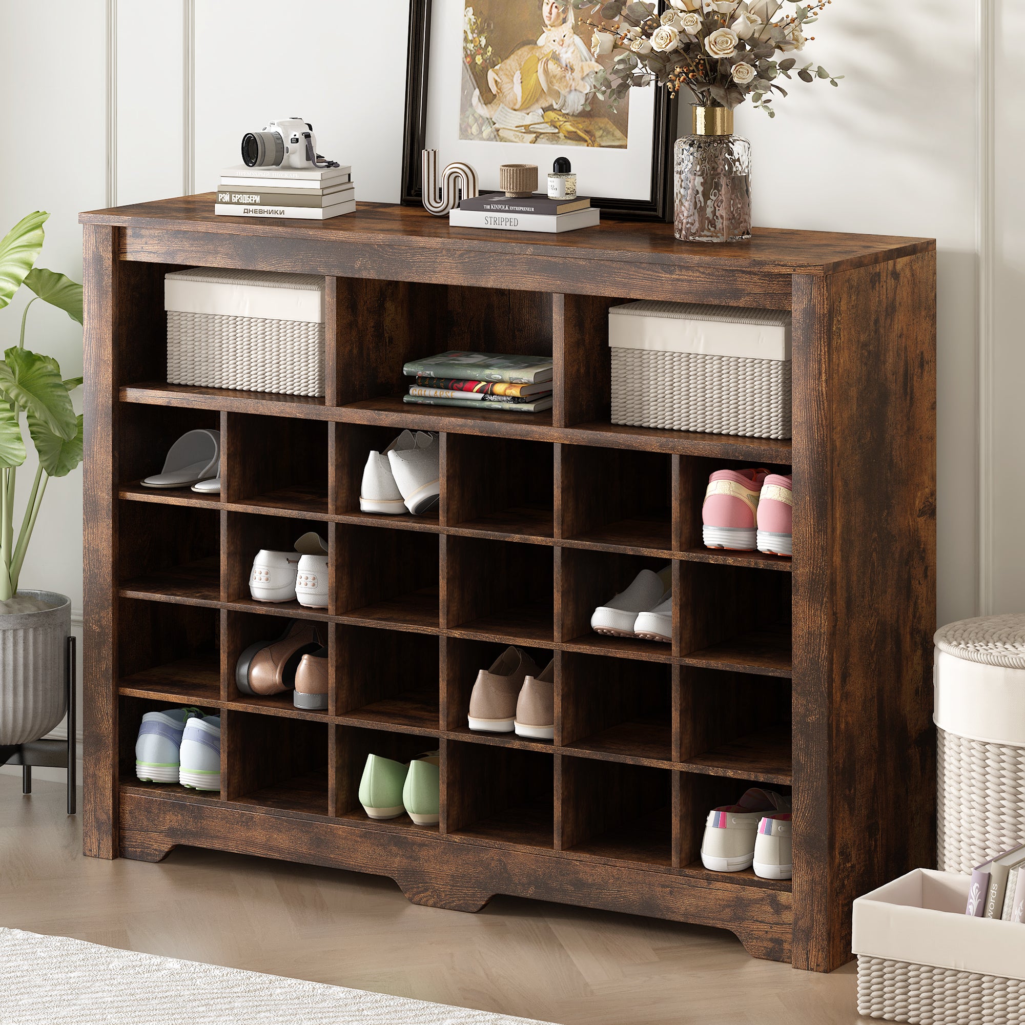 ON-TREND Sleek Design 24 Shoe Cubby Console, Modern Shoe Cabinet with Curved Base, Versatile Sideboard with High-quality for Hallway, Bedroom, Living Room, Rustic Brown - Grand Goldman Shop