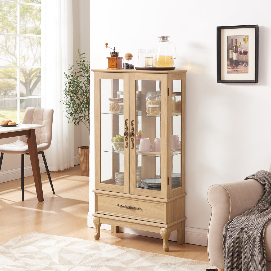 Curio Cabinet Lighted Glass Cabinet Glass Wine Cabinet Curio Display Cabinet with Adjustable Glass Shelves 2 Doors and 1 drawer Cabinet Sideboard With Bulb Included Light oak - Grand Goldman Shop
