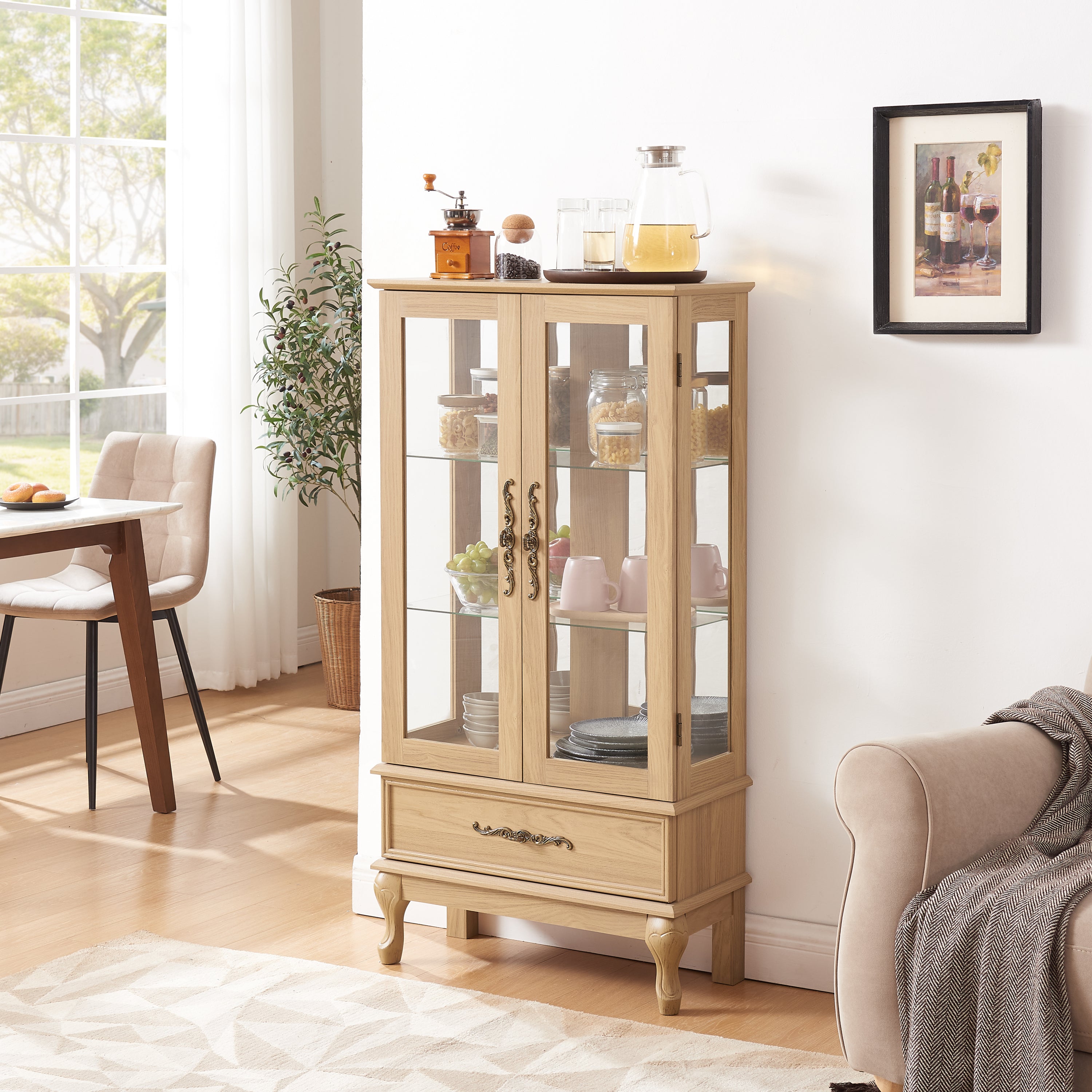 Curio Cabinet Lighted Glass Cabinet Glass Wine Cabinet Curio Display Cabinet with Adjustable Glass Shelves 2 Doors and 1 drawer Cabinet Sideboard With Bulb Included Light oak - Grand Goldman Shop