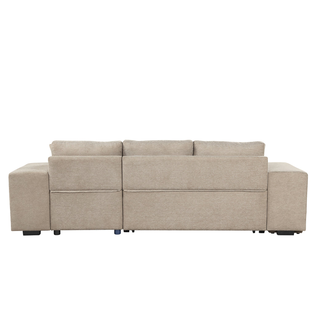 Modern L-Shape 3 Seat Reversible Sectional Couch with Pull Out Sleeper, Storage Chaise & 2 Stools, Cream, Linen Chenille - Grand Goldman Shop