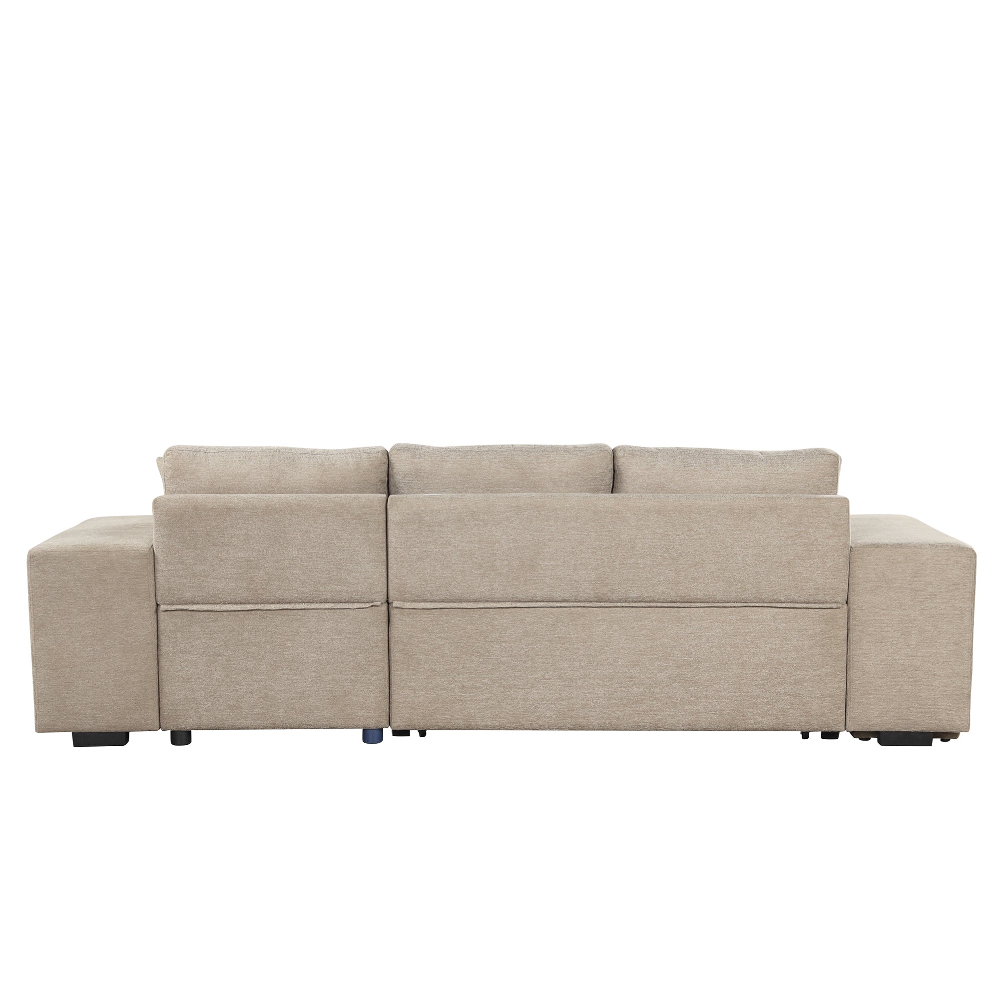 Modern L-Shape 3 Seat Reversible Sectional Couch with Pull Out Sleeper, Storage Chaise & 2 Stools, Cream, Linen Chenille - Grand Goldman Shop