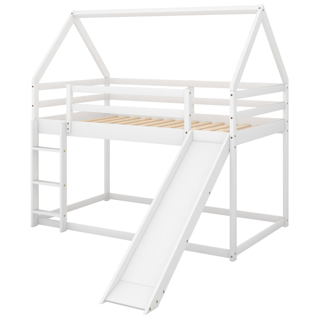 Twin Bunk House Bed with Slide and Ladder, White - Grand Goldman Shop