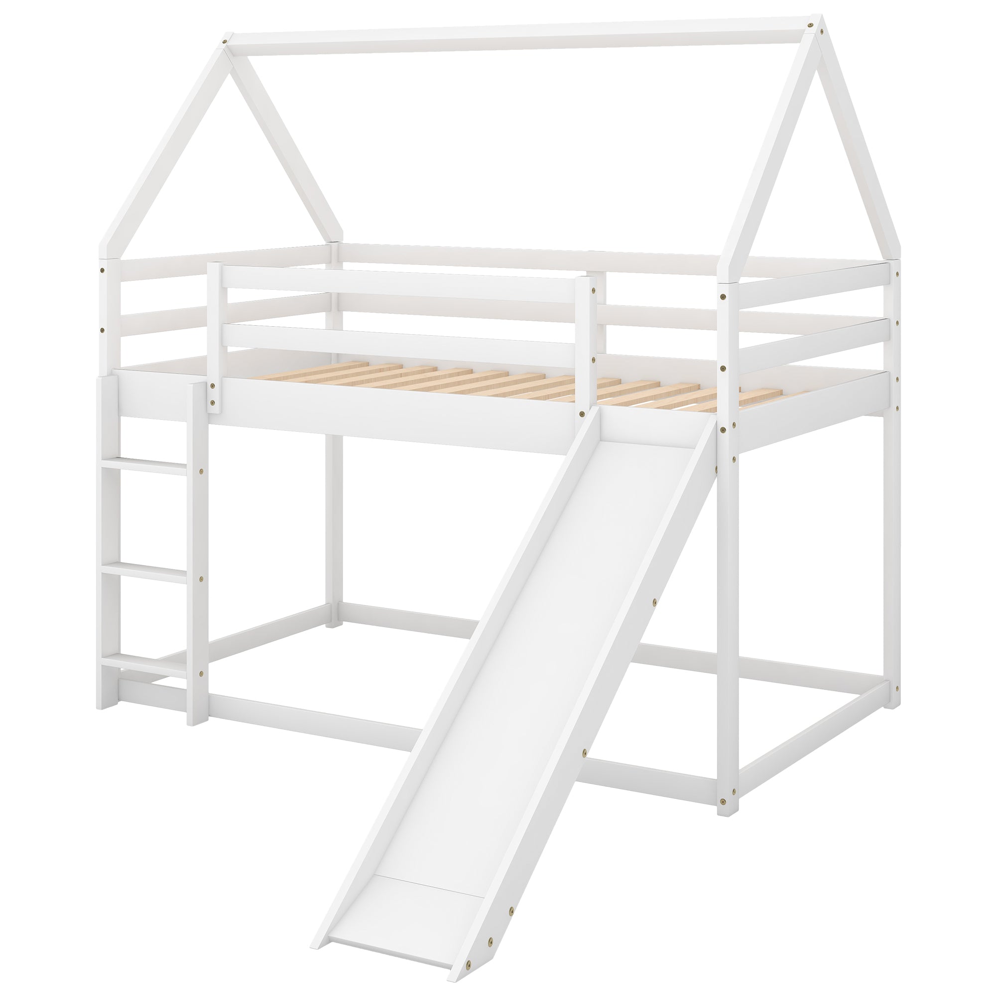 Twin Bunk House Bed with Slide and Ladder, White - Grand Goldman Shop