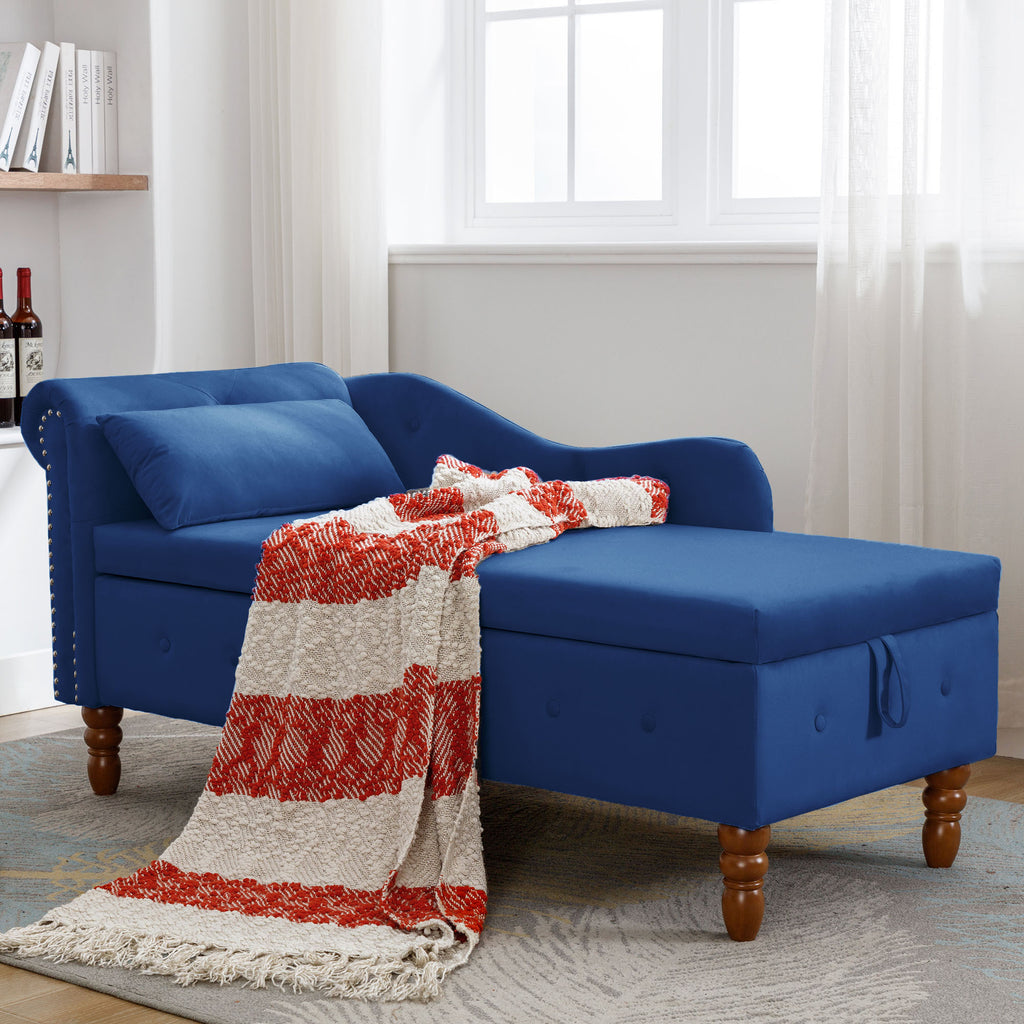Navy Blue Chaise Lounge Indoor, Velvet Lounge Chair for Bedroom with Storage & Pillow, Modern Upholstered Rolled Arm Chase Lounge for Sleeping with Nailhead Trim for Living Room Bedroom Office - Grand Goldman Shop