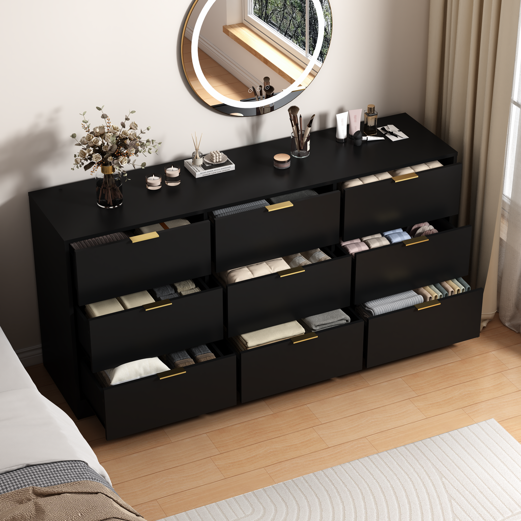 Black 9 Drawer Dresser, 63' Large Deep Chest of Drawers, Wooden Dresser Storage Cabinet with 9 Drawers for Bedroom, Long Dressers for Living Room, Hallway - Grand Goldman Shop