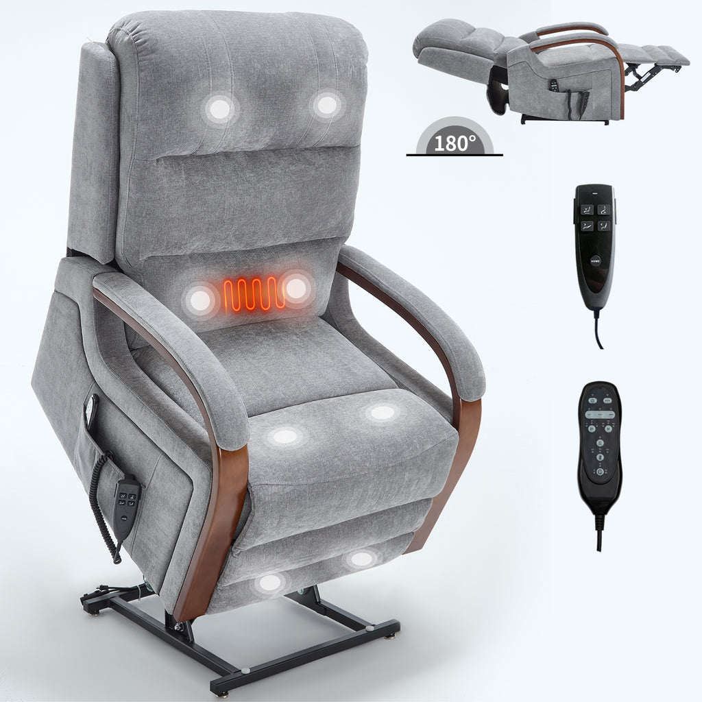 Power Grey Chenille Lift Recliner Chair Dual Motor Infinite Position Up to 350 LBS with Solid Wood Armrests, Heat Massage and Heavy Duty Motion Mechanism - Grand Goldman Shop