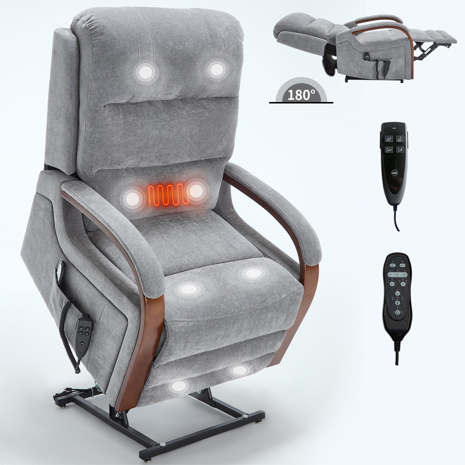 Power Grey Chenille Lift Recliner Chair Dual Motor Infinite Position Up to 350 LBS with Solid Wood Armrests, Heat Massage and Heavy Duty Motion Mechanism - Grand Goldman Shop