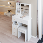 29.2' Small Space Left Drawer Desktop Vanity Table + Cushioned Stool, Extra Large Right sliding mirror, Multi Layer High Capacity Storage, Practical Fashionable Dresser, Suitable For Small Space - Grand Goldman Shop