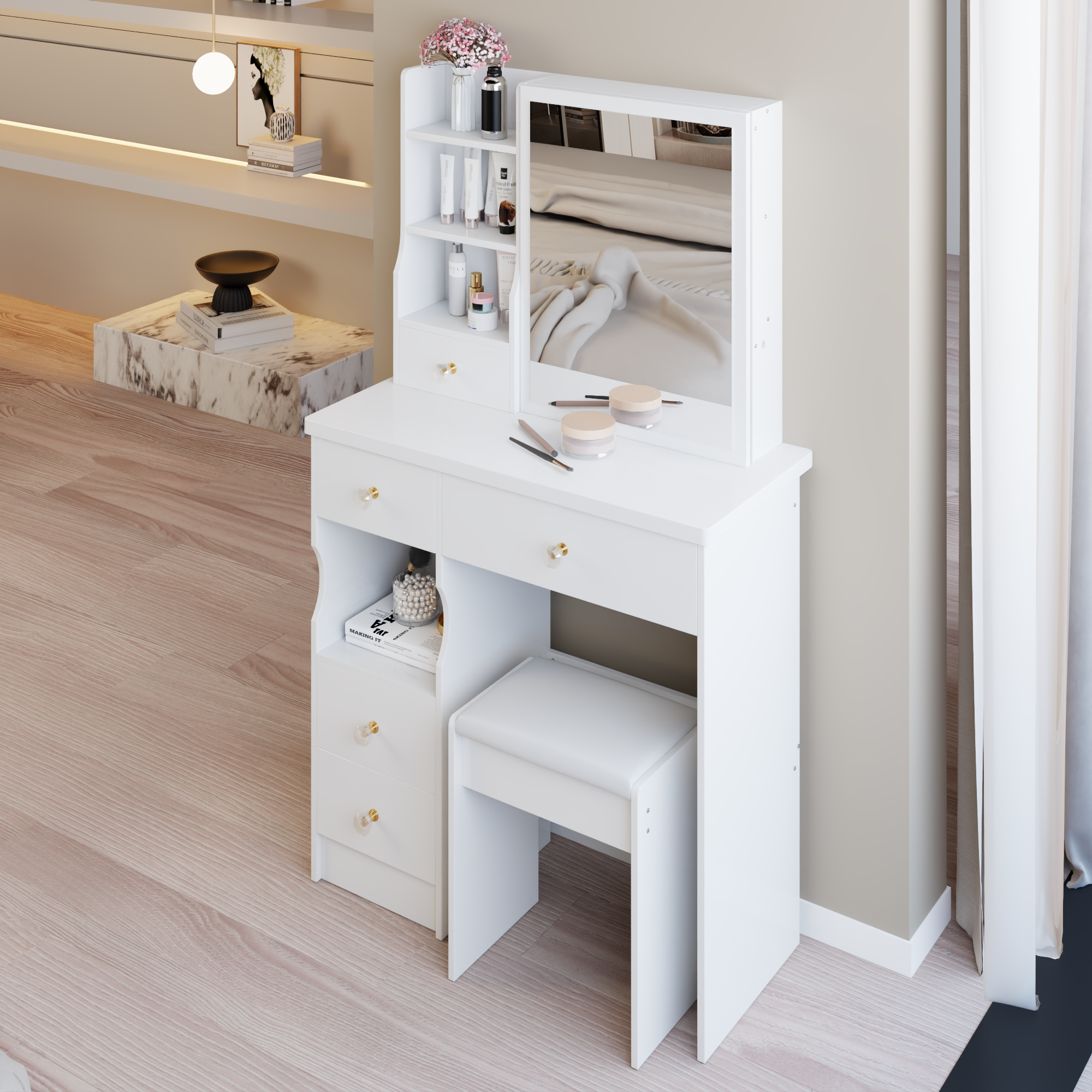 29.2' Small Space Left Drawer Desktop Vanity Table + Cushioned Stool, Extra Large Right sliding mirror, Multi Layer High Capacity Storage, Practical Fashionable Dresser, Suitable For Small Space - Grand Goldman Shop