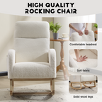 Modern Accent Rocking Chair Rocking Chair with Solid Wood Legs, Upholstered Nursery Glider Rocker, Comfy Armchair with Side Pocket, Living Room Lounge Arm Chair with High Backrest (white,teddy) - Grand Goldman Shop