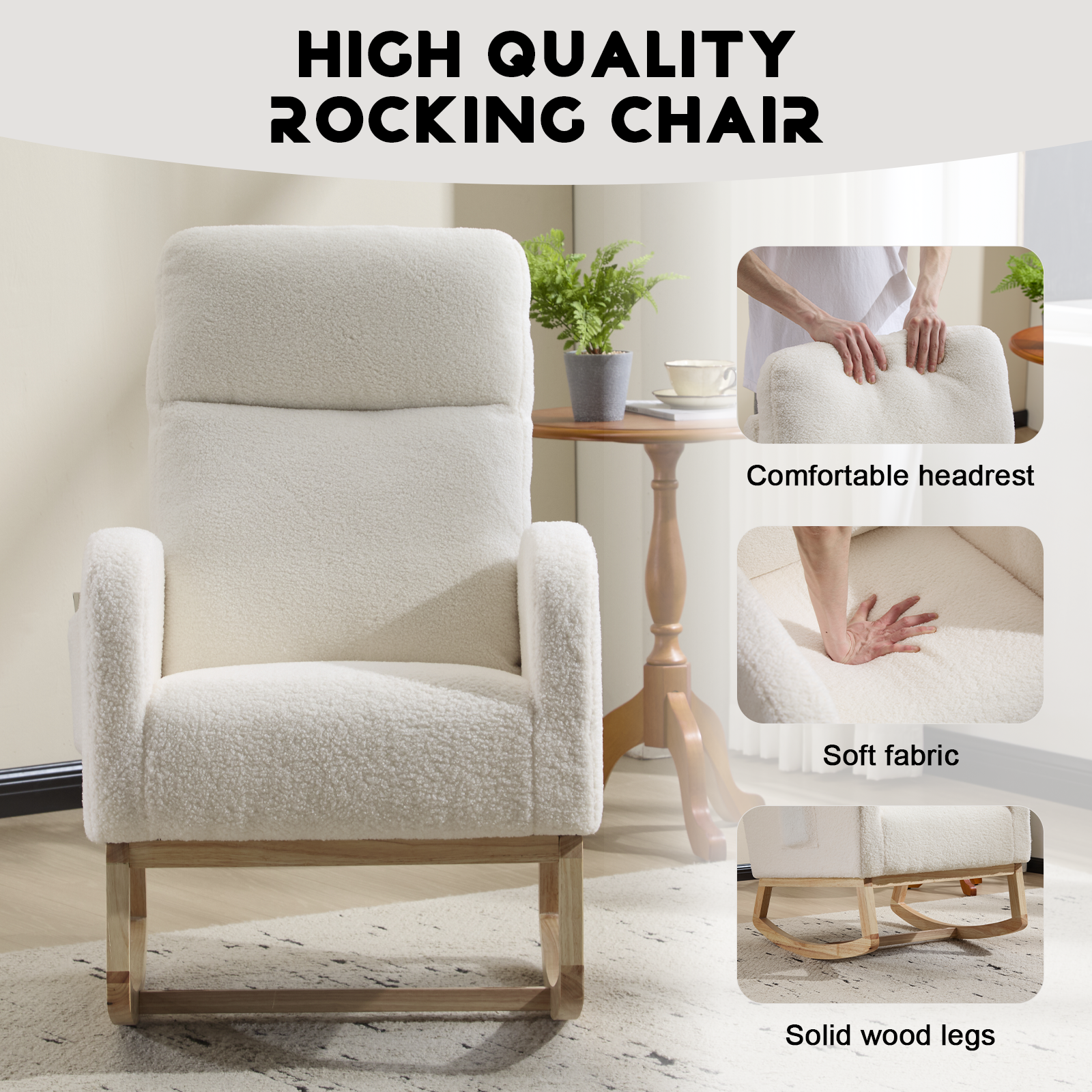 Modern Accent Rocking Chair Rocking Chair with Solid Wood Legs, Upholstered Nursery Glider Rocker, Comfy Armchair with Side Pocket, Living Room Lounge Arm Chair with High Backrest (white,teddy) - Grand Goldman Shop