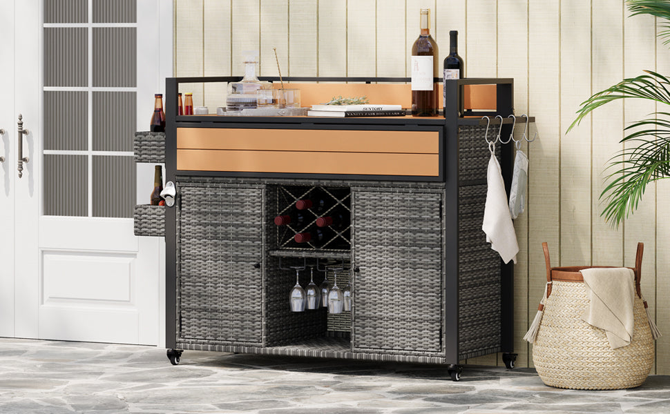 K&K 52.8'W Wicker Outdoor Grill Cart with Extended Plastic Wood Table Top, Rolling Kitchen Island on Wheels with Storage Cabinet, for Patio Backyard Garden Poolside, Double Handle Design, Grey - Grand Goldman Shop
