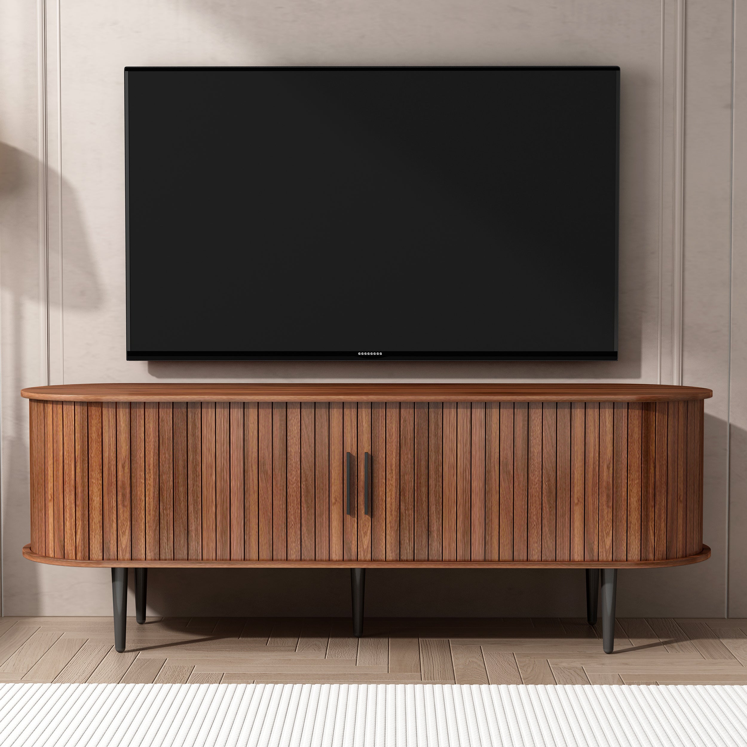 TV Stand, 55' Modern TV Console Table with Storage Compartment and Sliding Door, Gaming Entertainment Center with Cabinet for Living Room, Bedroom, Office (Walnut) - Grand Goldman Shop