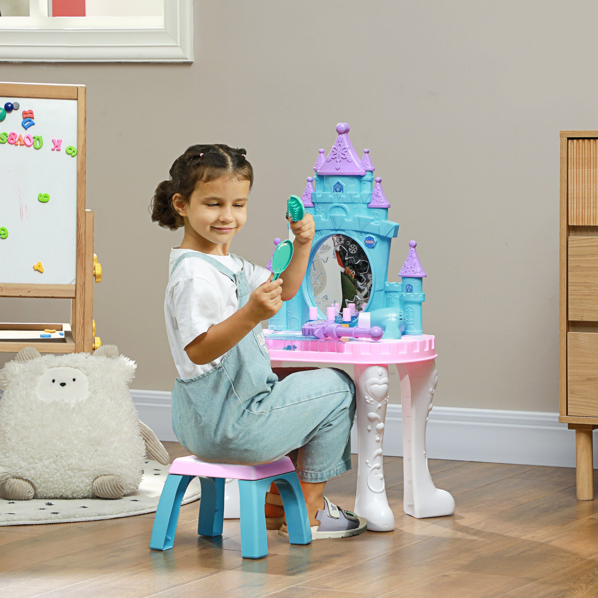 Qaba Kids Vanity Set with Mirror and Stool, Castle Design Makeup Table with Light, Music, Hair Dryer, 18 Accessories, Girls P