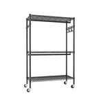 Heavy Duty Rolling Clothes Rack with 3 Tier Shelves, 2 Rails & Side Hooks, Adjustable Freestanding Organizer, Black Metal - Grand Goldman Shop