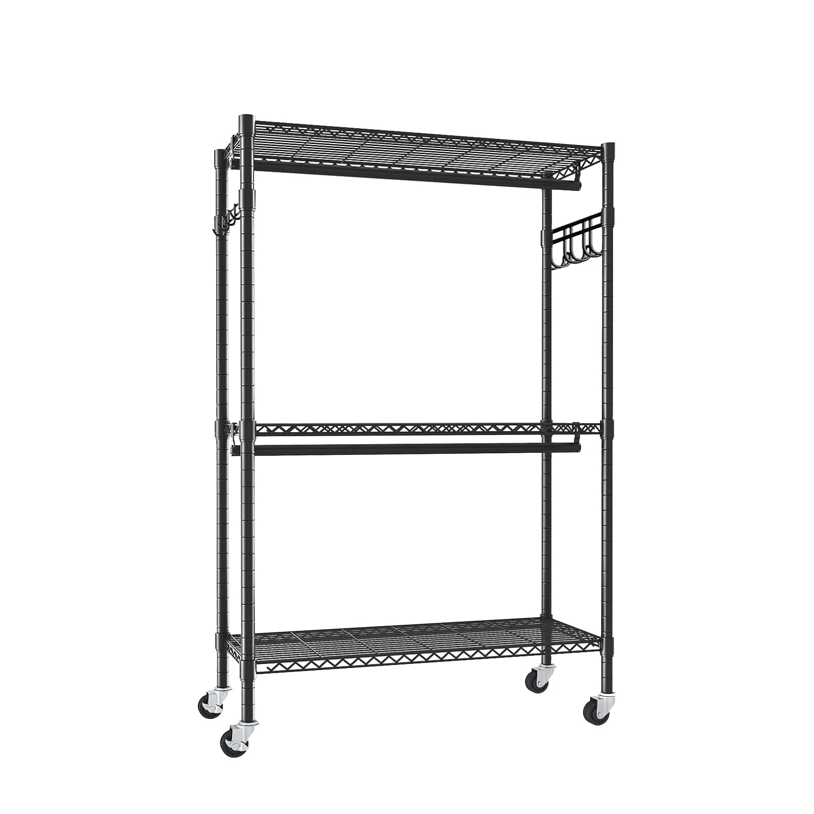 Heavy Duty Rolling Clothes Rack with 3 Tier Shelves, 2 Rails & Side Hooks, Adjustable Freestanding Organizer, Black Metal - Grand Goldman Shop