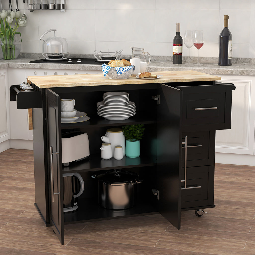 Kitchen Island with Spice Rack, Towel Rack and Extensible Solid Wood Table Top-Black - Grand Goldman Shop