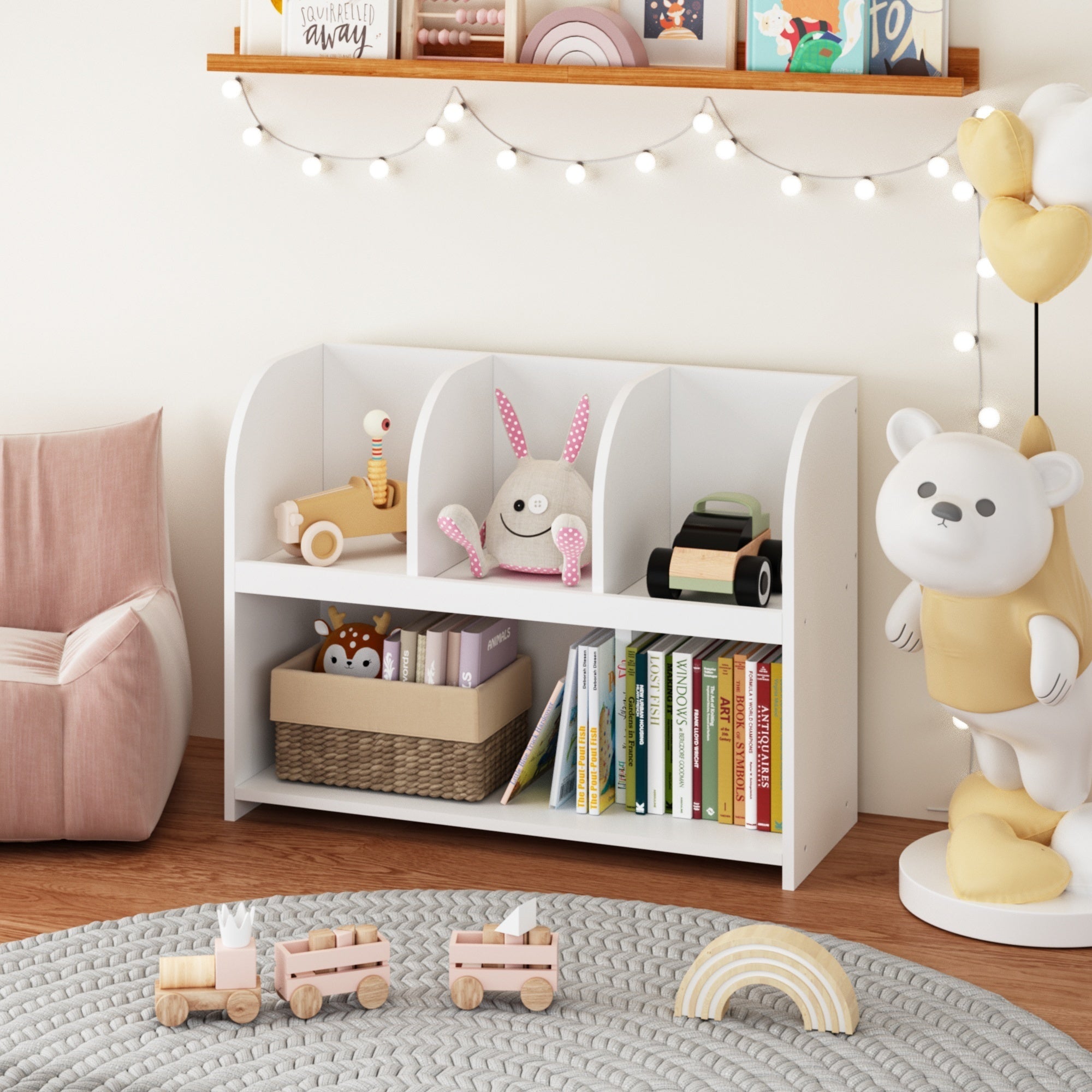 Kids Bookcase with 4 Compartments, White MDF Storage Shelf for Toys and Books, 31.5 x 11.8 x 23.6 inches - Grand Goldman