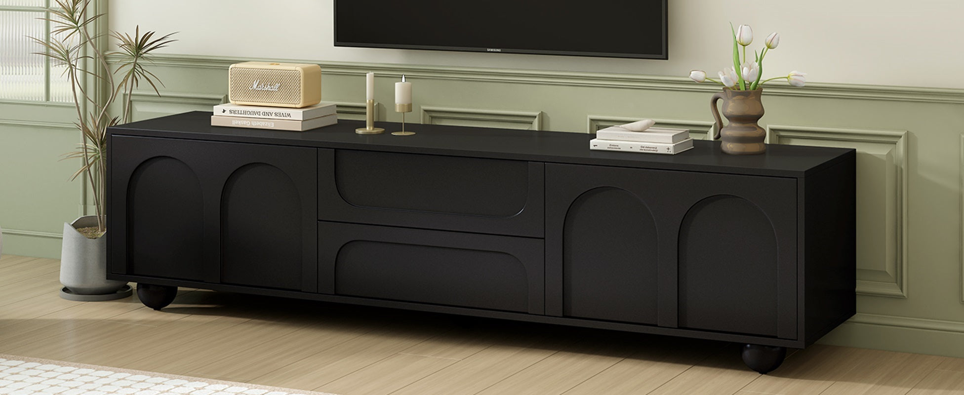 ON-TREND Cream Style TV Stand with Arched Doors & 2 Drawers for TVs up to 75', Minimalist Media Console with Rebound Device, Entertainment Center with 5 Iron Round Legs for Living Room, Bedroom, Black - Grand Goldman Shop