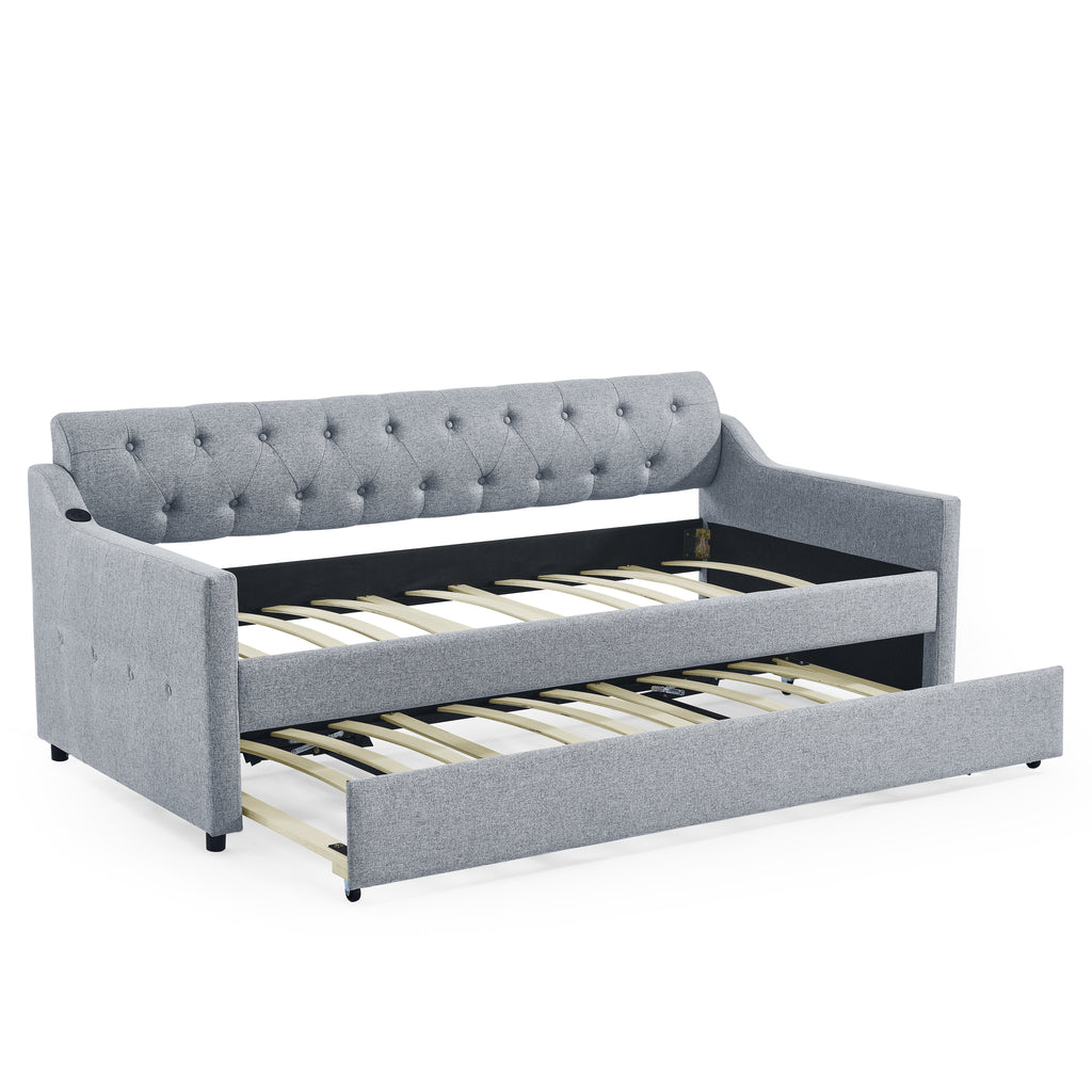 Linen Grey Mid-Century Style Twin Size Upholstered Daybed with Trundle and USB Charging Armrest - Grand Goldman Shop