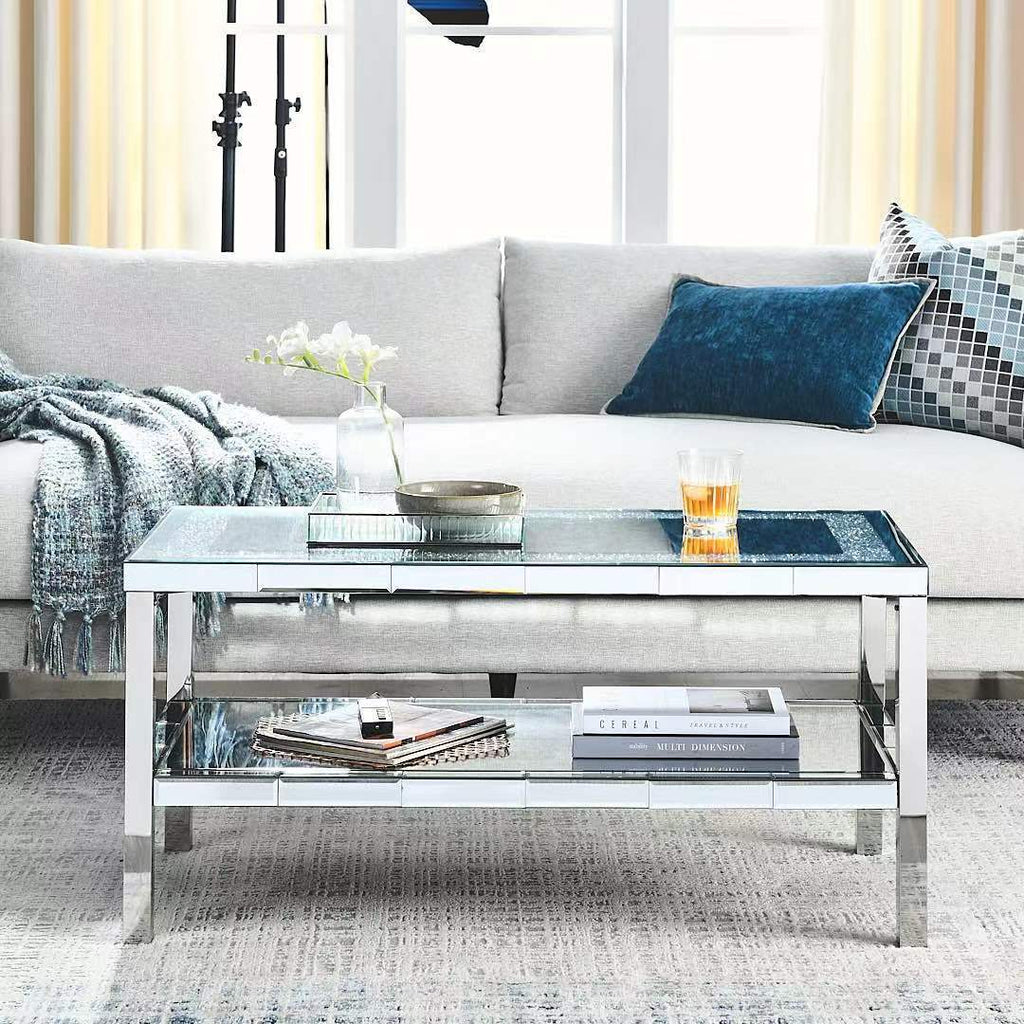 W 39.5' X D 19.5'X H 19.5' 2-layer crystal mirror stainless steel frame coffee table for use in offices, shops, living rooms, or bedrooms - Grand Goldman Shop
