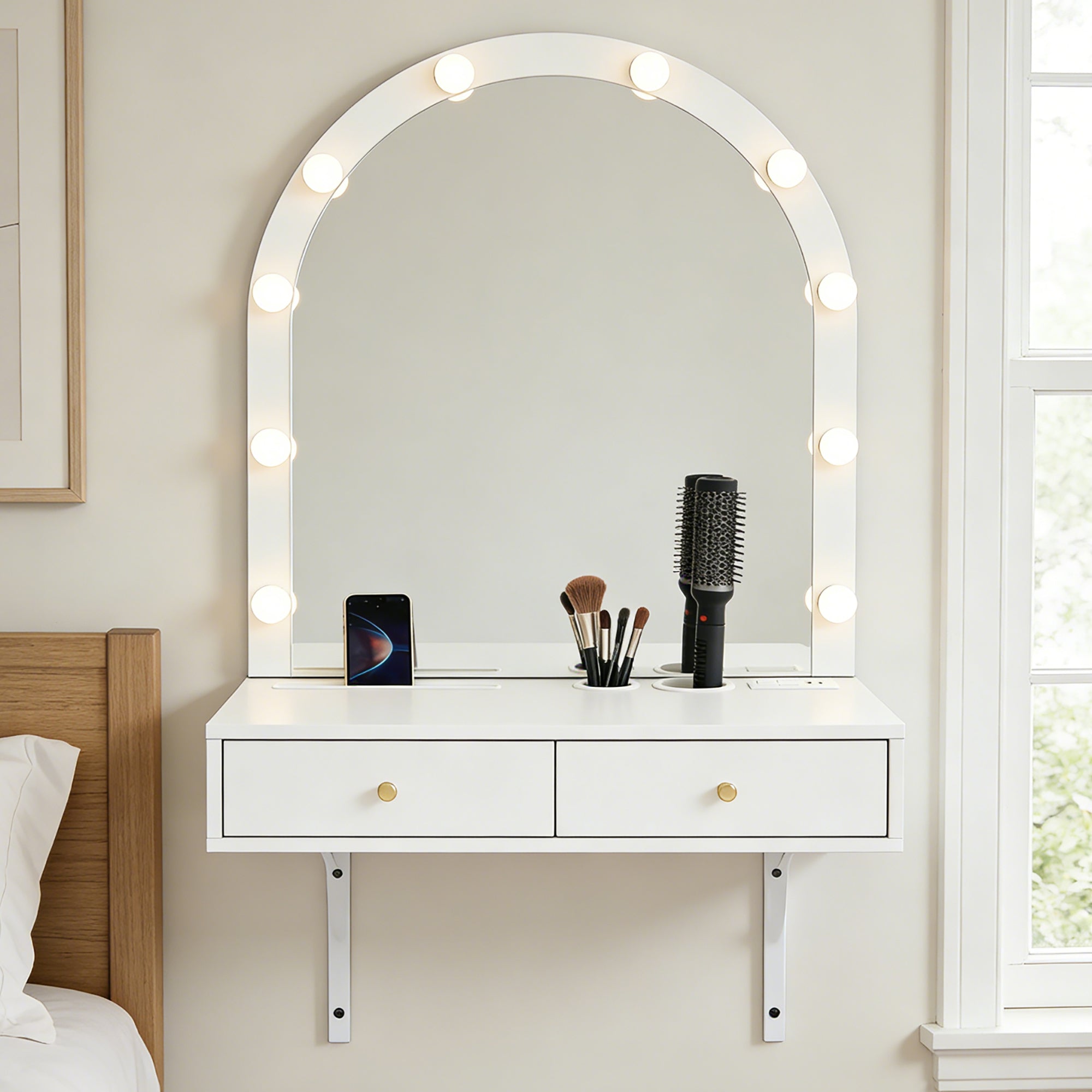 Floating Makeup Vanity Desk with Mirror & 3-Color Lights, Wall Dressing Table with Power Outlet, Compact vanity, Large Storage, White - Grand Goldman Shop
