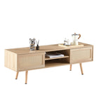 Natural Rattan TV Cabinet with Double Sliding Doors, Adjustable Shelf, Solid Wood Legs, 55.12 Inches - Grand Goldman Shop