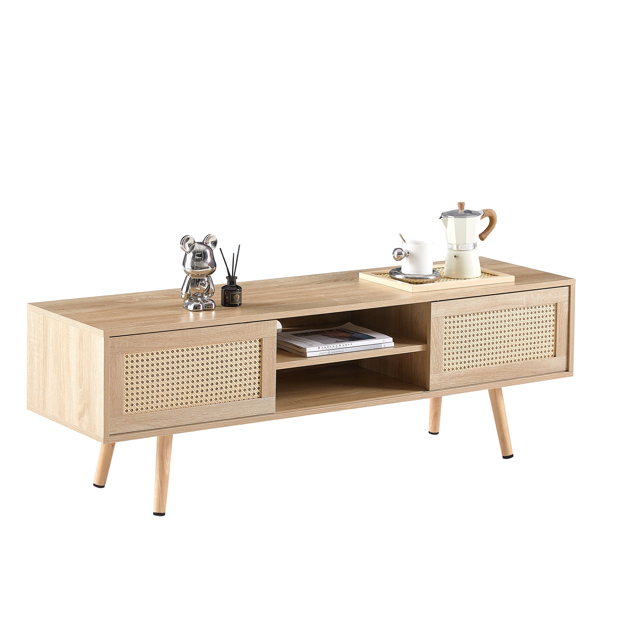 Natural Rattan TV Cabinet with Double Sliding Doors, Adjustable Shelf, Solid Wood Legs, 55.12 Inches - Grand Goldman Shop