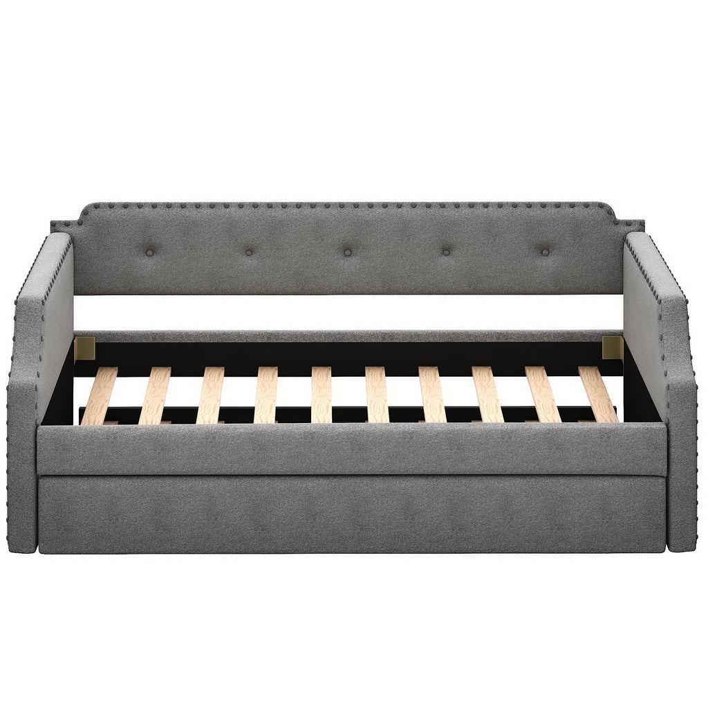 Gray Upholstered Daybed with Trundle, Twin, Wood Slat Support, Linen Fabric Frame Sofa Bed - Grand Goldman Shop