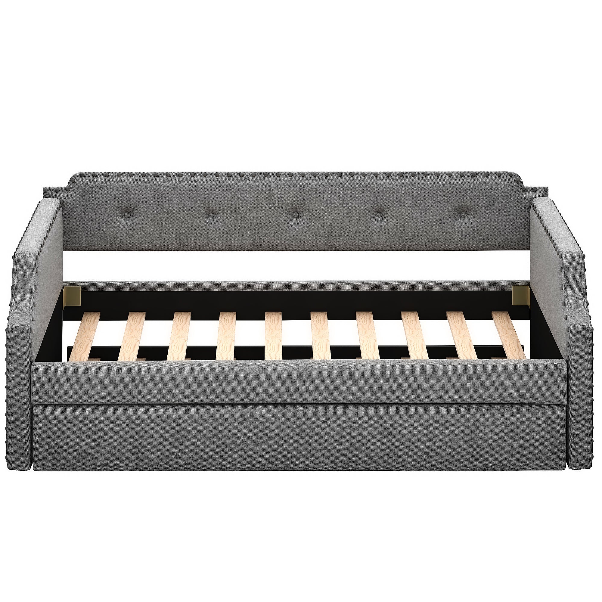 Gray Upholstered Daybed with Trundle, Twin, Wood Slat Support, Linen Fabric Frame Sofa Bed - Grand Goldman Shop