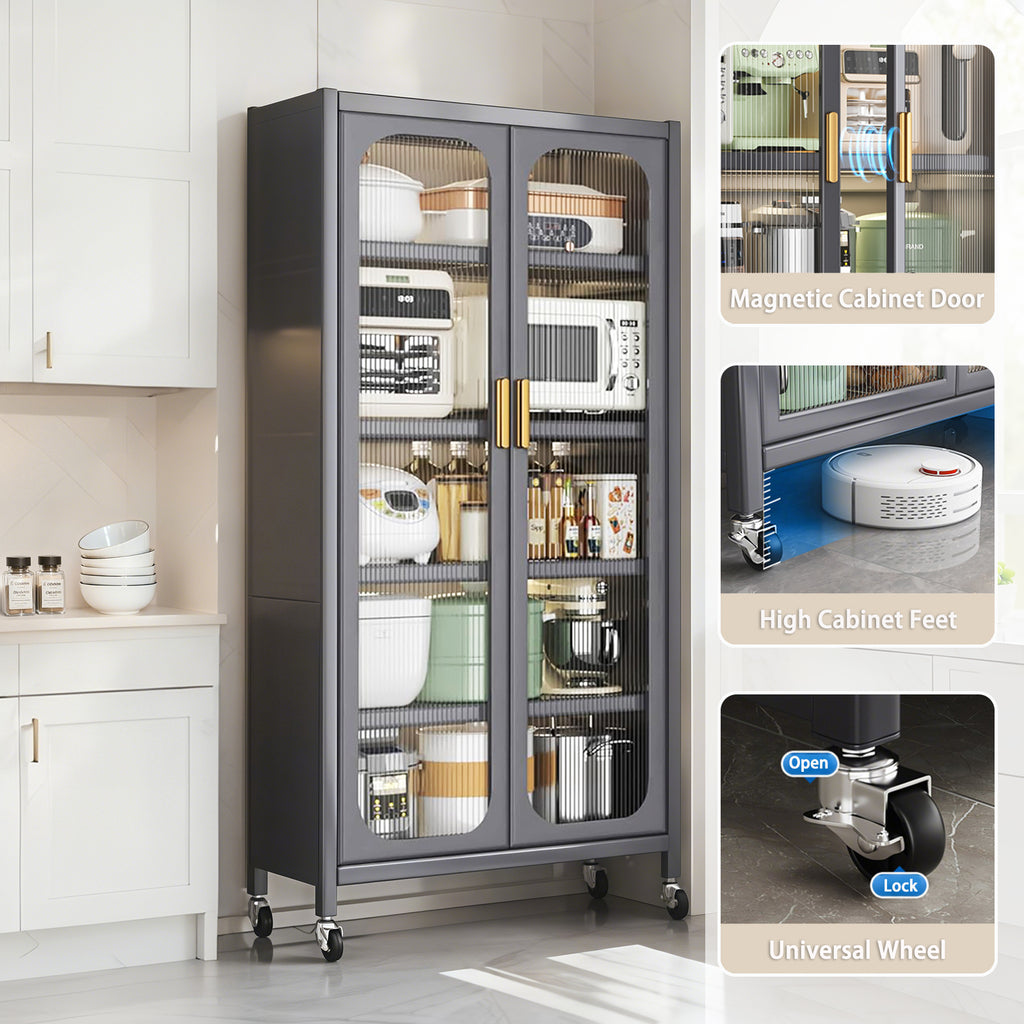 65'  Metal 6-Tier Storage Cabinet with Transparent Door, Adjustable Shelves & Wheels, for Kitchen Pantry Organization, Gray Metal - Grand Goldman Shop