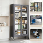 65'  Metal 6-Tier Storage Cabinet with Transparent Door, Adjustable Shelves & Wheels, for Kitchen Pantry Organization, Gray Metal - Grand Goldman Shop