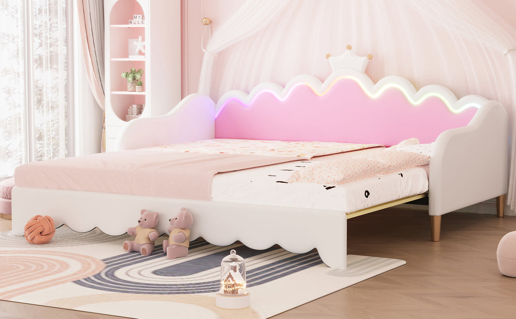 Twin Extending Daybed with LED Lights, Modern Upholstered Princess Daybed With Crown Headboard,White - Grand Goldman Shop