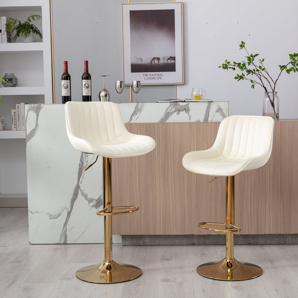 Chrome Footrest and Base Swivel Height Adjustable Mechanical Lifting Velvet + Golden Leg Simple Bar Stool,Set of 2,Ivory - Grand Goldman Shop