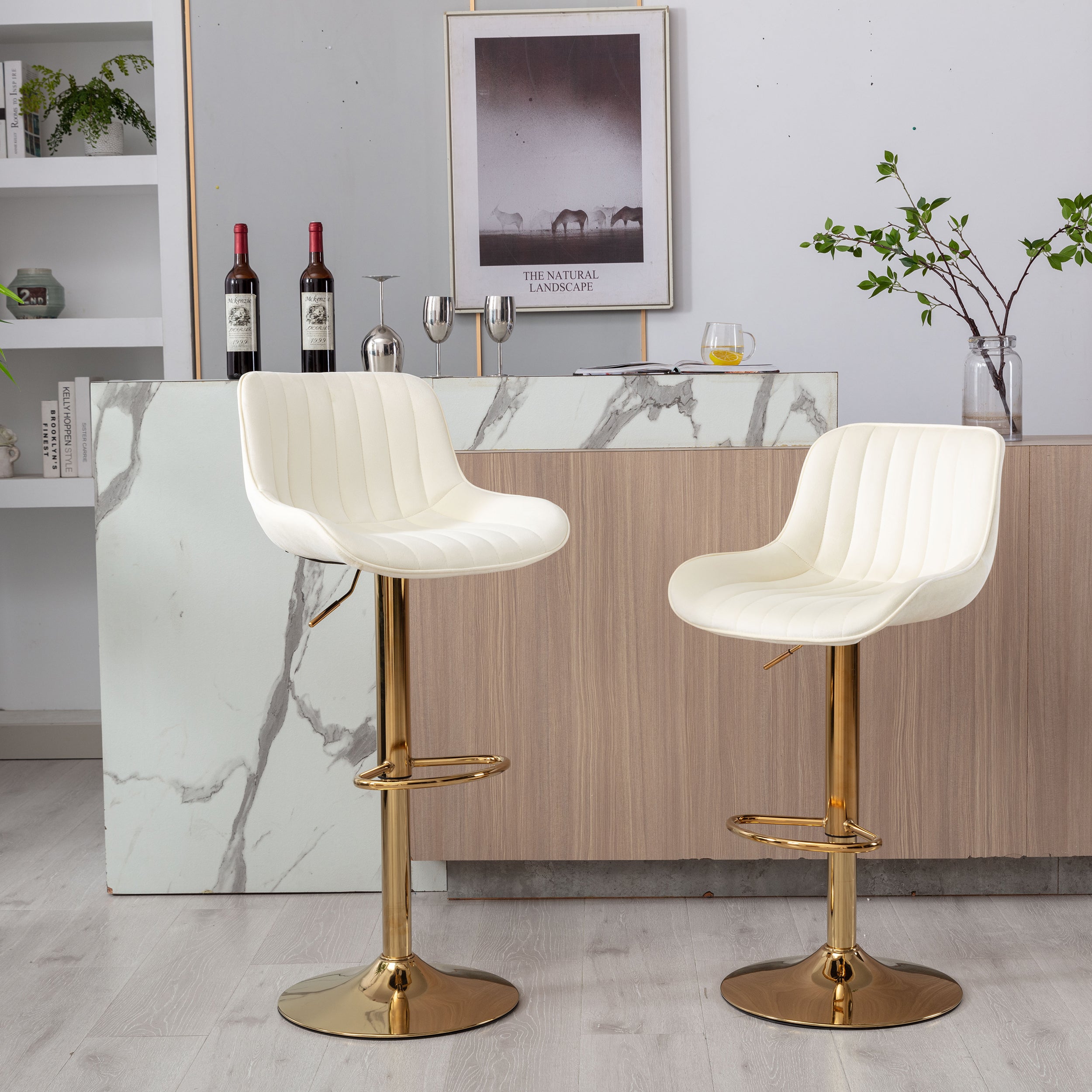 Chrome Footrest and Base Swivel Height Adjustable Mechanical Lifting Velvet + Golden Leg Simple Bar Stool,Set of 2,Ivory - Grand Goldman Shop