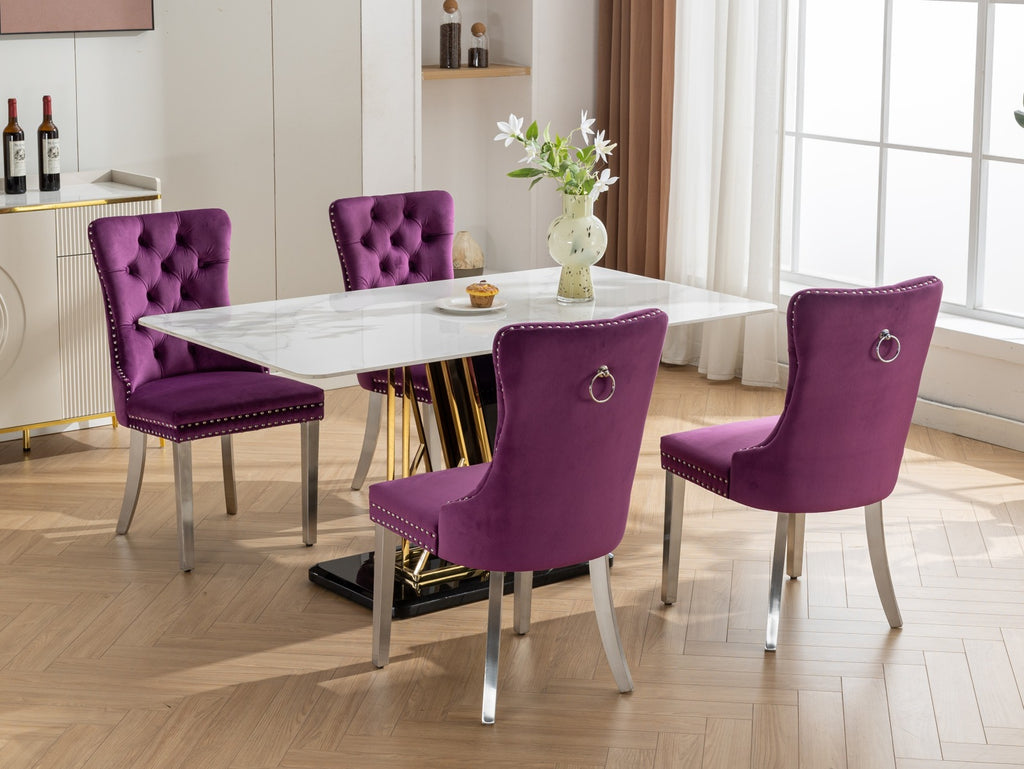 Nikki Collection Modern, High-end Tufted Solid Wood Contemporary Velvet Upholstered Dining Chair with Chrome Stainless Steel Plating Legs,Nailhead Trim,Set of 2,Purple and Chrome, SW1701PP - Grand Goldman Shop