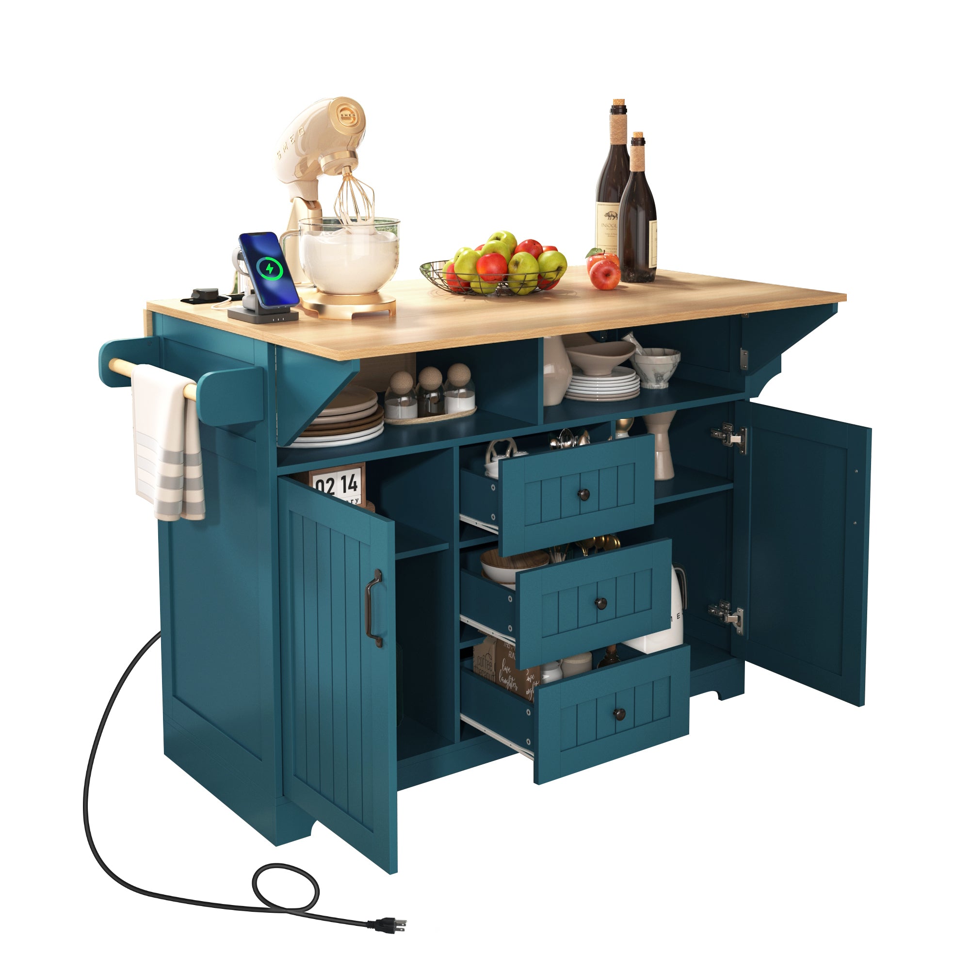 K&K 55.7'' Large Kitchen Island with 2 Drop Leaf,, Rolling Kitchen Cart on 5 Wheels with Power Outlet, Folding Storage Dining Table with Spice & Towel Rack , 3 Drawers, for Kitchen, Dining Room,Green - Grand Goldman Shop