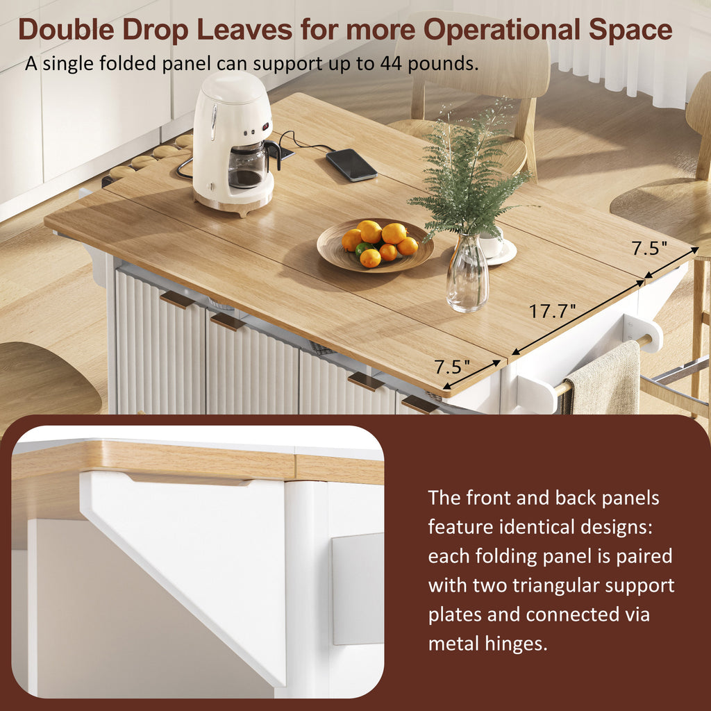 K&K 55.5' Fluted Kitchen Island with 2 Drop Leaf, Kitchen Storage Cart with Power Outlet, 4 Doors, Spice rack, Rolling Island Table with Wood-grain Top, Curved Edge for Kitchen, Dining Room,White - Grand Goldman Shop
