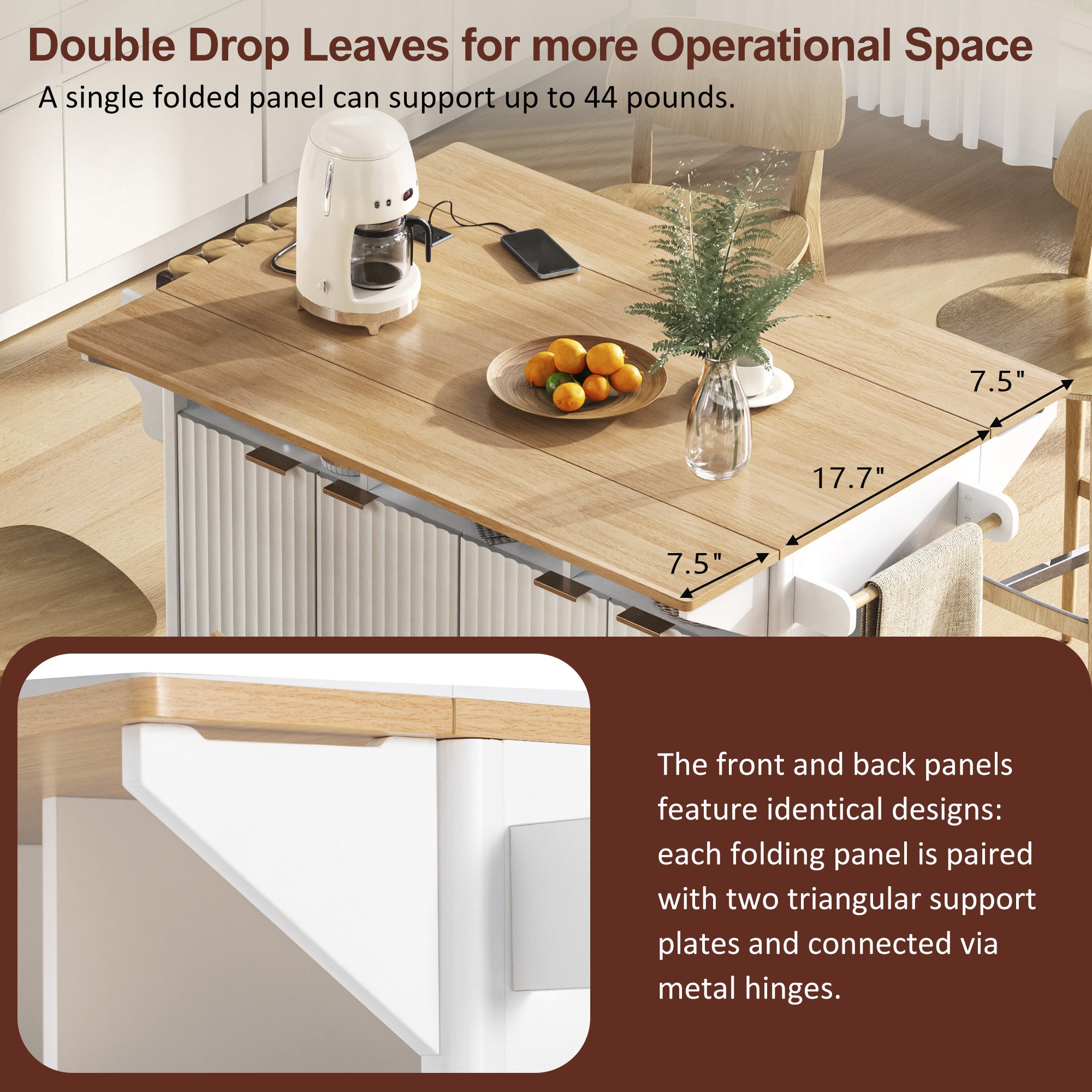 K&K 55.5' Fluted Kitchen Island with 2 Drop Leaf, Kitchen Storage Cart with Power Outlet, 4 Doors, Spice rack, Rolling Island Table with Wood-grain Top, Curved Edge for Kitchen, Dining Room,White - Grand Goldman Shop