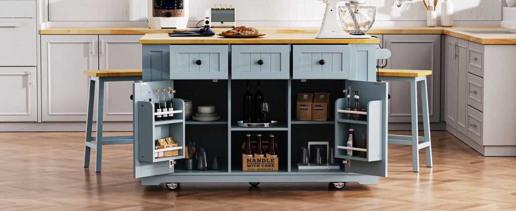 K&K 53inch Large Kitchen Island with 2 Bar Stools,Power Outlet,Door Internal Storage Rack,Kitchen Storage Cart on 5 Wheels with Drop Leaf,5 Open Side Racks,3 Drawers,Grey Blue (Three Packages) - Grand Goldman Shop