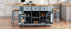 K&K 53inch Large Kitchen Island with 2 Bar Stools,Power Outlet,Door Internal Storage Rack,Kitchen Storage Cart on 5 Wheels with Drop Leaf,5 Open Side Racks,3 Drawers,Grey Blue (Three Packages) - Grand Goldman Shop