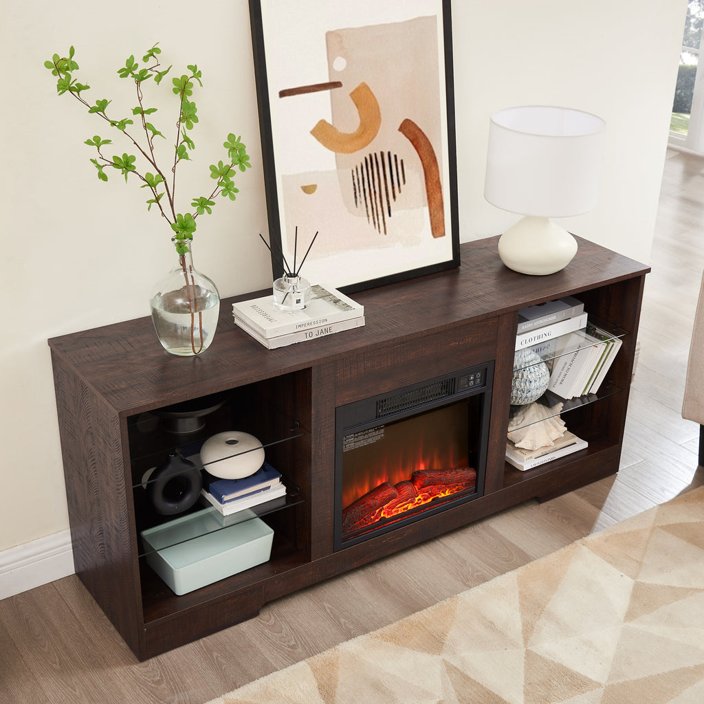 TV Stand Electric Fireplace TV Stand with Glass Shelves, 3D Fireplace TV Stand with LED Lights Wood with USB Charging Outlet Modern Television Table Center for TV up to 32-62' ESP 58''W*15.4''D*24.6 - Grand Goldman Shop
