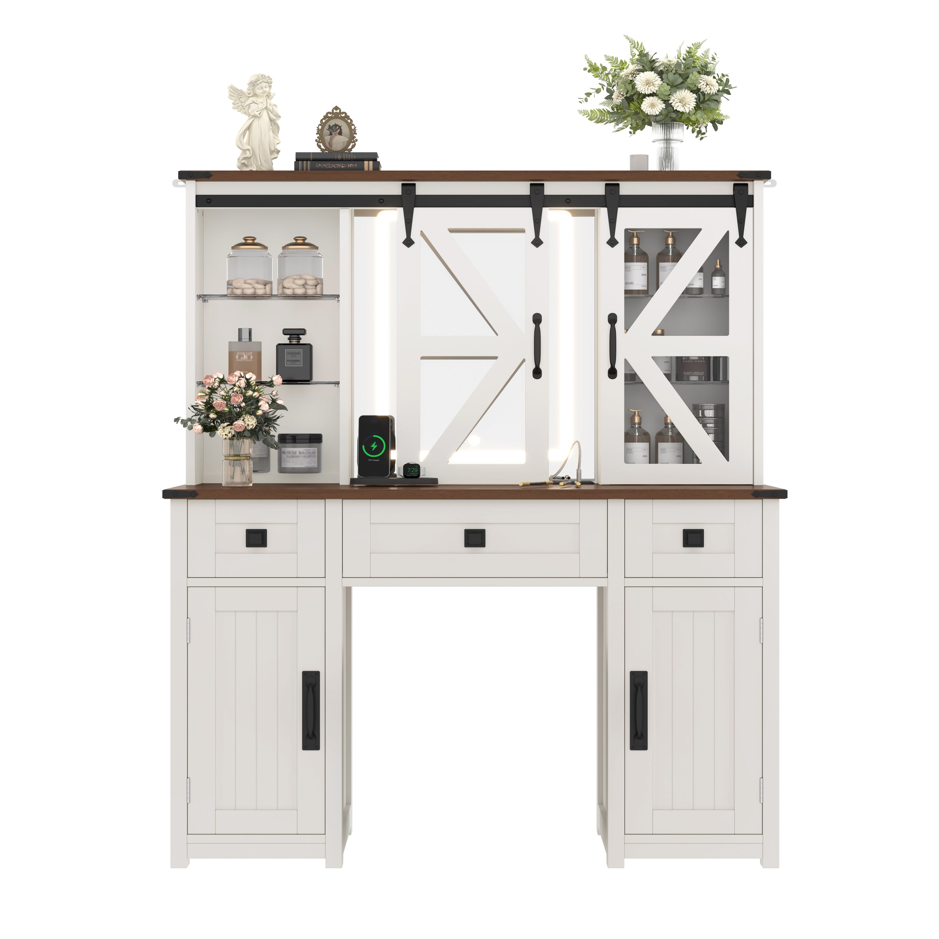 43.3' Farmhouse Makeup Vanity Desk with Lighted Mirror, Vanity Table Set with Charging Station, Dressing Table with Sliding Barn Door Hidden Shelves & 3 Drawers & 4 Cabinets, Beige - Grand Goldman Shop