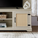 Farmhouse Rattan TV Stand Console Table for TVs up to 70 Inches, TV Console Table with 2 Storage Shelves, 2 Natural Rattan Door Cabinets,65'W*15.55'D*23.86'H, White - Grand Goldman Shop
