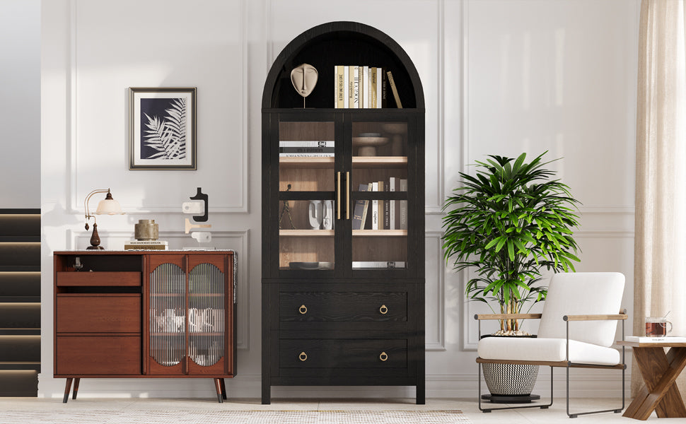 K&K 71' Tall Arched Kitchen Pantry Cabinet with 2 Large Drawers, Modern Farmhouse Kitchen Storage Cabinets with Adjustable Shelves, Glass Door, Wood Versatile Cupboard for Kitchens, Dining Room, Black - Grand Goldman Shop