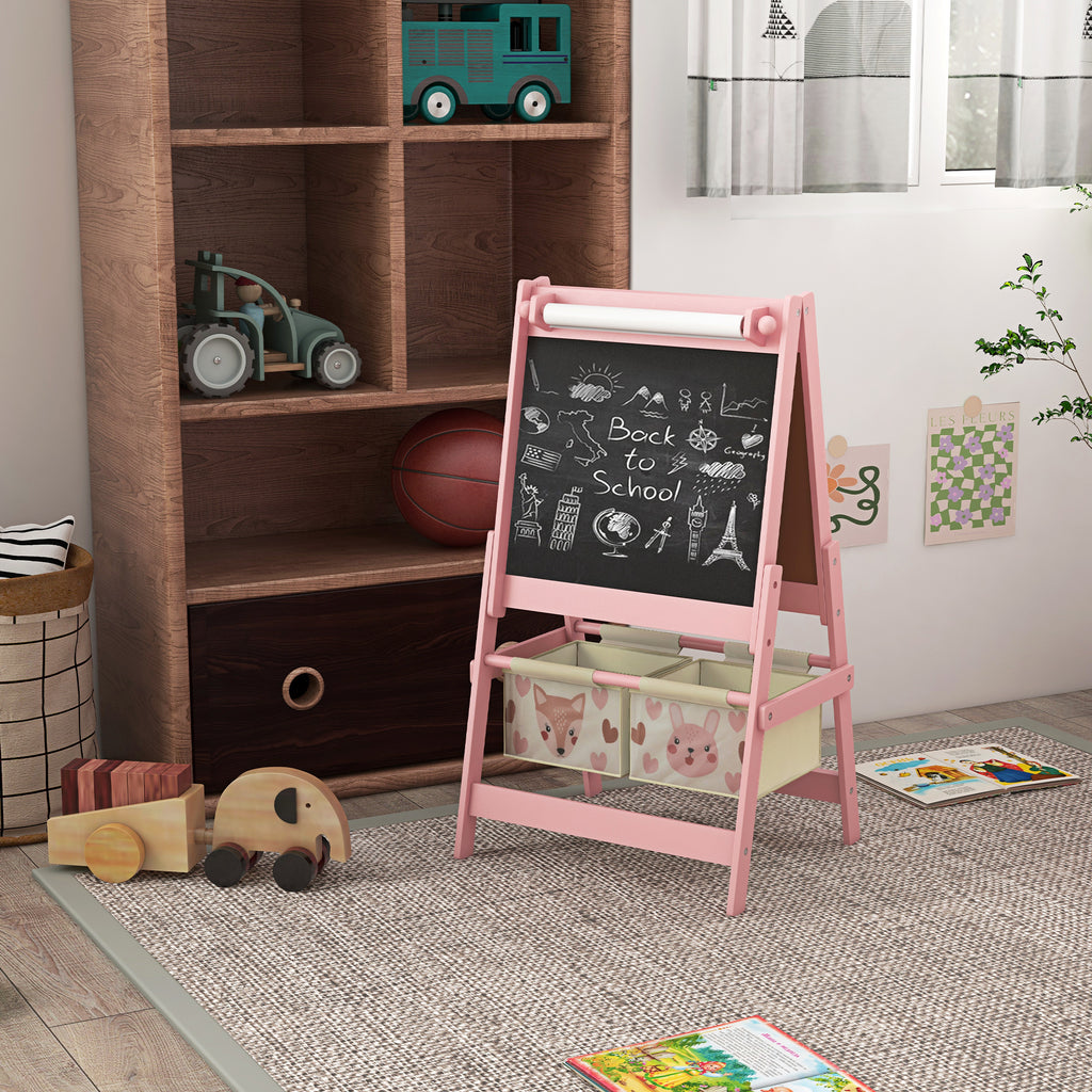 Qaba Art Easel for Kids with Paper Roll, 3 in 1 Toddler Painting Easel with Blackboard, Whiteboard, Storage Baskets, Pink | P