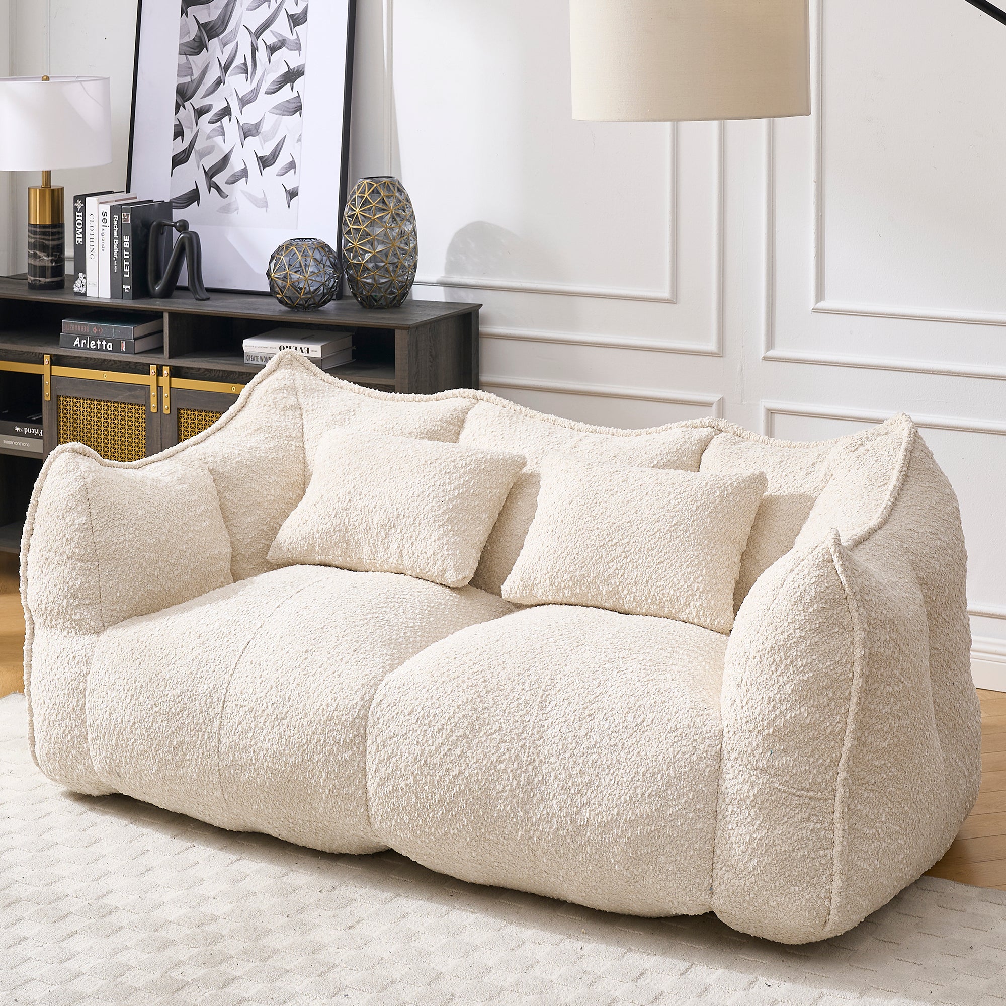 Comfortable Dual Beanbag Chair with High Resilience Foam Core for Two People in Beige Chenille - Grand Goldman Shop